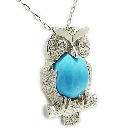 PT900 Platinum Pendant Kalung Turquoise Turquoise Owl Diamond